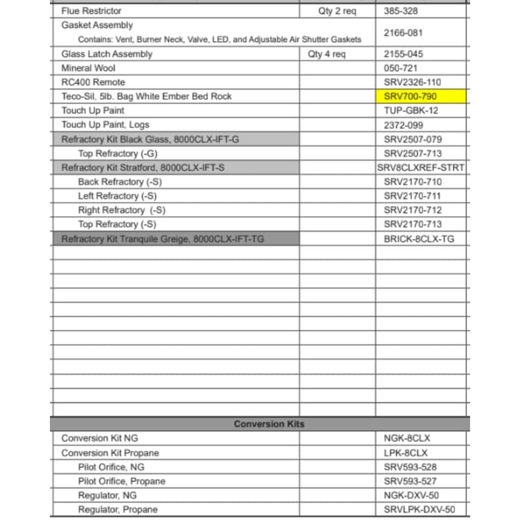 8000CLX-IFT LP Service Parts