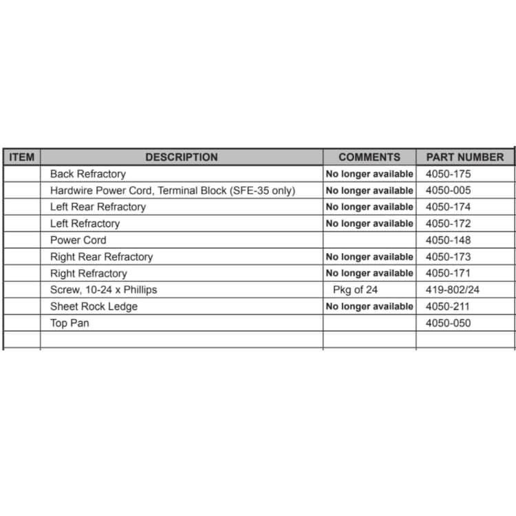 SFE-35/C Service Parts