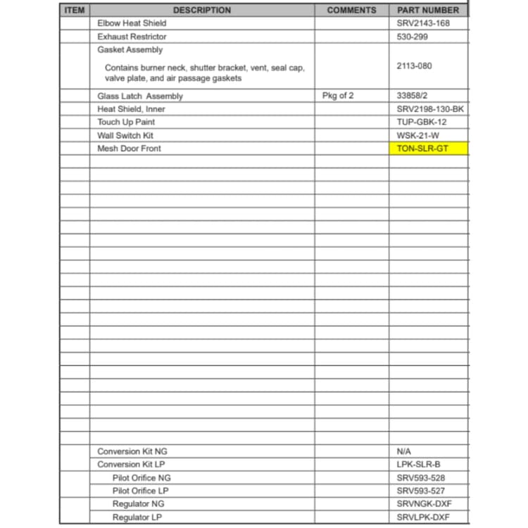 SLR-B Service Parts