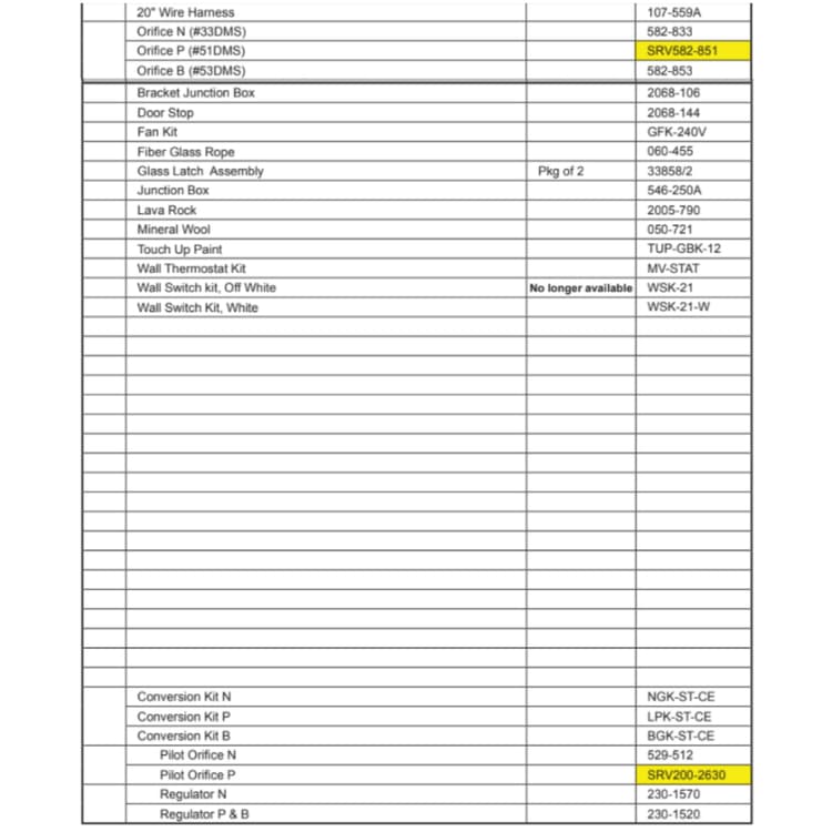 LCOR-HVB-CE Service Parts